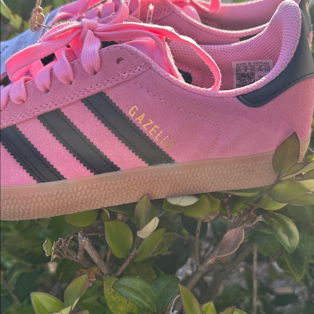 adidas Gazelle Pink Suede Sneakers with Black Stripes and Gum Sole - Picture 6 of 7